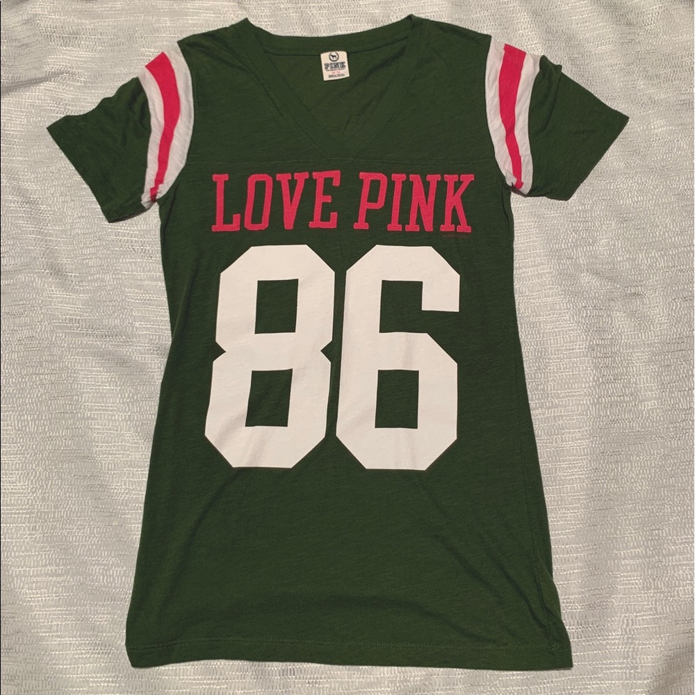 PINK woman’s green T-shirt logo on front & back!